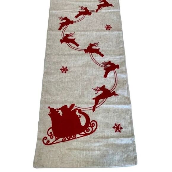 Aspen 14x72 Christmas Table Runner Red Reindeer Santa Sleigh Linen Blend - Picture 1 of 11